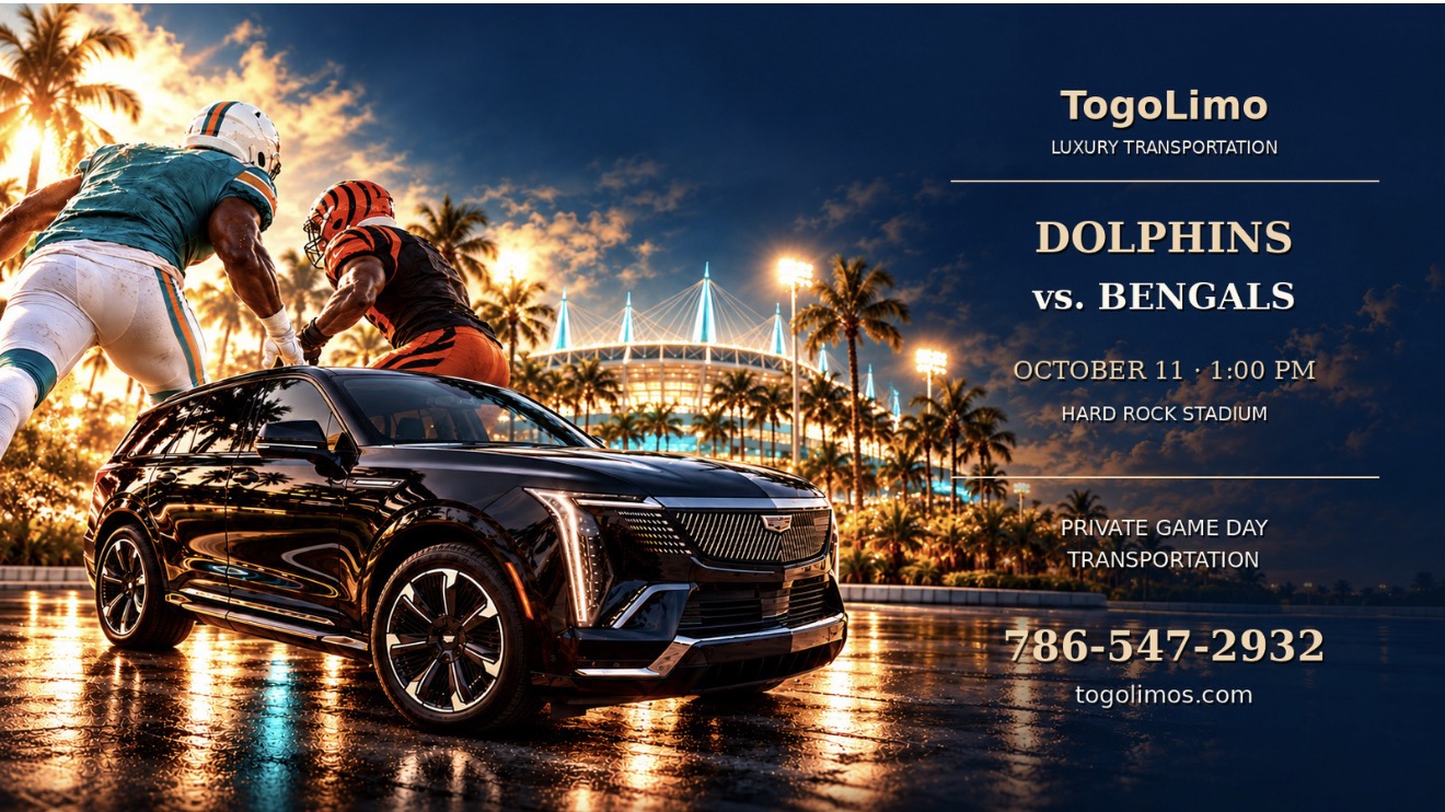 TOGOLimo flyer featuring a Cadillac Escalade and private transportation to the Dolphins vs. Bengals game at Hard Rock Stadium on October 11 at 1 pm. Reservation: 786-547-2932